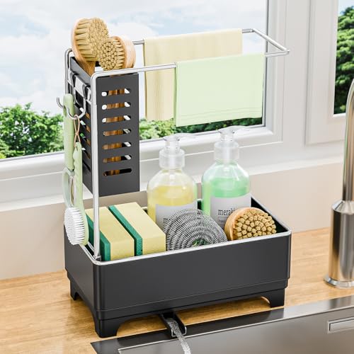 Stainless Steel Sink Caddy, Sponge Holder for Kitchen Sink with Brush Holder and Towel Rack, Sink Organizer for Countertop, Soap Dispenser Kitchen Organizers Storage Essentials(Black) - color: Black