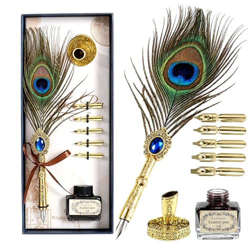 Joyeee Peacock Feather Pen Kit, with Dip Pen Ink, Dip Pen Holder, Replaceable Nibs, Vintage Calligraphy Pens Office Supplies for Birthday, Wedding, Christmas Gift, Graduation Gift - color: Green Peacock Feather Pen Set