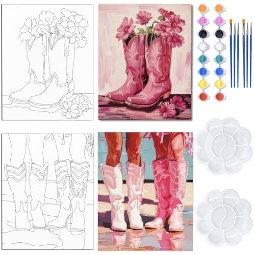 WEBEEDY Pre Drawn Canvas for Painting Retro Canvas Painting Set with Pink Cowgirl Boots Pattern,Outline Painting Boards for Beginners Funky Room Wall Art Decor, 8 x 10 Inch/20 x 25cm
