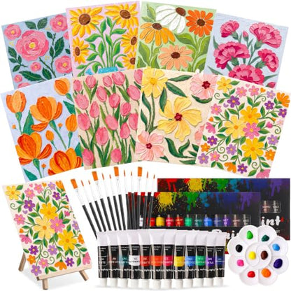 Cholemy 36 Pcs Paint and Sip Kit for Adults 8''x10'' Pre Drawn Canvas for Painting DIY Afro Acrylic Painting Kit Wood Easel Brushes Date Night Bulk for Summer 4th of July Party Gift(Fresh Flowers) - style: Fresh Flowers