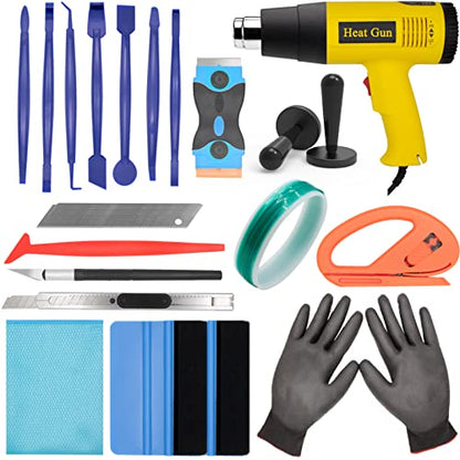 Vinyl Wrap Tool Kit Include Heat Gun, 7PCS Stick Squeegee, Knife Tape, Felt Squeegees, Craft Knife and Utility Knife Plastic Scraper, Vinyl Cutter, Magnet Holders, Cloth, Gloves - color: Green