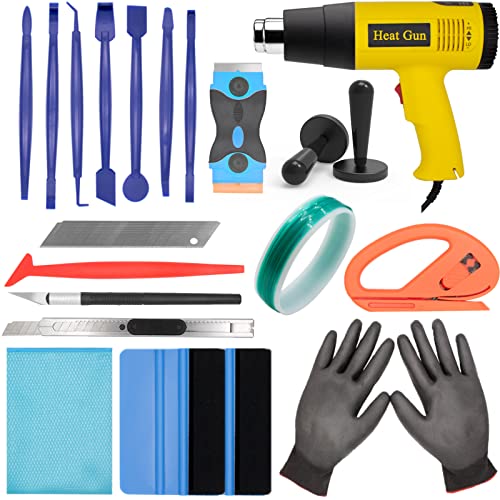 Vinyl Wrap Tool Kit Include Heat Gun, 7PCS Stick Squeegee, Knife Tape, Felt Squeegees, Craft Knife and Utility Knife Plastic Scraper, Vinyl Cutter, Magnet Holders, Cloth, Gloves - color: Green
