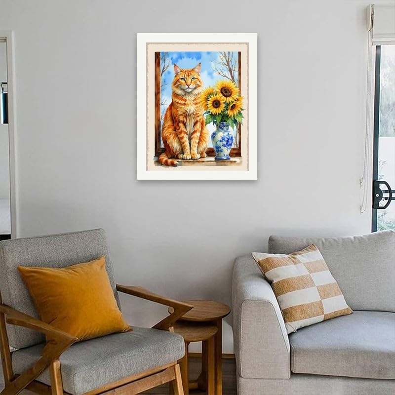 Animal Paint by Numbers Kit for Adults - DIY Orange Tabby Cat and Sunflowers Painting on Canvas 16x20 Inches, Acrylic Paint Set, Suitable for Beginners, Pet Art for Home Decoration or Gifts