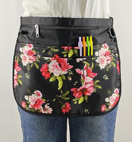 Waterproof Server Apron for Women with 5 Pockets,Quickly Put on and Take off Waitress Aprons,Work Apron for Bartender Barista - color: Peony