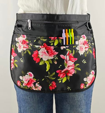 Waterproof Server Apron for Women with 5 Pockets,Quickly Put on and Take off Waitress Aprons,Work Apron for Bartender Barista - color: Peony