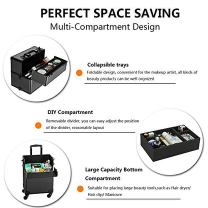 mefeir 2 in 1 Rolling Makeup Train Case Professional Cosmetic trolley on Wheels Aluminum Nail Cart Cosmetic Suitcase for professional makeup artist, Luggage Lockable w/4 Removable Wheels (Black) - color: 2IN1 Black