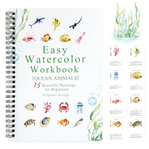 SLWBZ Watercolor Workbook Ocean Animals, 15 Different Patterns of Original DIY Designs, Beginner-Friendly Watercolor Workbooks, (Ocean Animals, Without Palette) - color: Ocean Animals, size: without palette