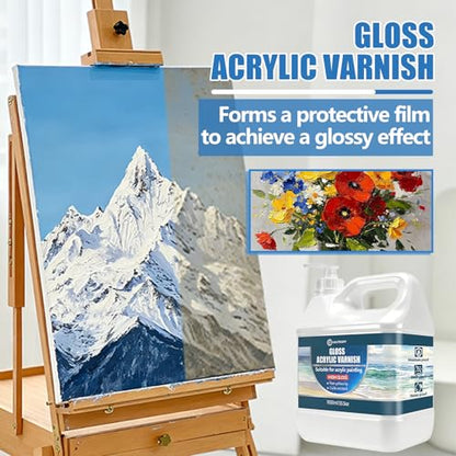 Large Gloss Acrylic Varnish with Pump, High Gloss Clear Sealer for Acrylic Paintings, Quick-Dry Water-Based Non-Toxic, UV & Yellowing Protection, Multi-Surface with Bonus Brush (1050ml) - size: 1050ml