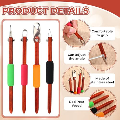 Lanties 4 Pcs Pottery Carving Tool Set Sculpture Scraper Craft Modelling Tools Red Pear Wood Texture Handle with Stainless Steel Blade for Clay Carving, Ceramic Sculpting, Graffito (Novel Color) - color: Novel Color