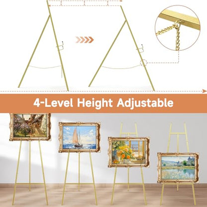 Gold Easel Stand for Sign, Heavy Duty Metal Display Easel with Adjustable Chain, 4-Tier Height Art Easel for Painting, Wedding Sign, Posters & Commercial Display - color: Gold