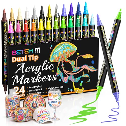 Betem Dual Tip Acrylic Paint Pens, 24 Colors Paint Markers for Glass, Window, Fabric, Wood, Rock, Canvas, Acrylic Markers with Fine & Brush Tip, Art & Craft Supplies, Teacher Appreciation Gift - color: 24 Colors