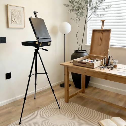 Black French Style Easel Sketch Box with Aluminum Tripod | Lightweight Black Aluminum Tripod, Adjustable Portable Plein Air Easel for Outdoor Painting, Sketching & Painting - color: Black