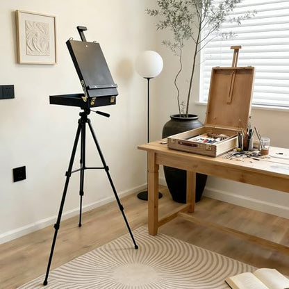 Black French Style Easel Sketch Box with Aluminum Tripod | Lightweight Black Aluminum Tripod, Adjustable Portable Plein Air Easel for Outdoor Painting, Sketching & Painting - color: Black