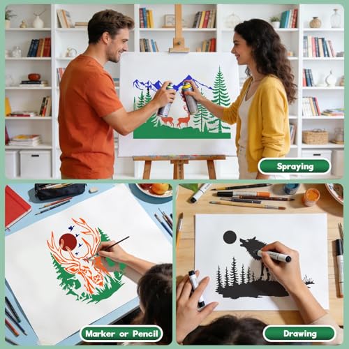 12 Pcs Large Wildlife Wood Burning Stencils, Mountain Bear Deer Wolf Horse Fish Templates, Reusable Drawing Animal Stencil for Painting on Wood DIY Crafts Canvas Wall Fabric(Animal) - style: Animal