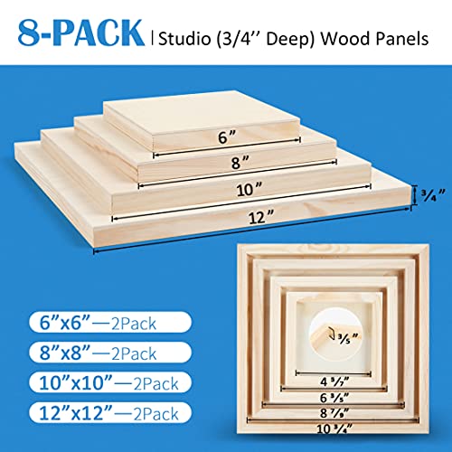 Falling in Art Unfinished Birch Wood Canvas Panels Kit, 8 Pack of 4 Sizes Studio 3/4’’ Deep Cradle Boards for Pouring Art, Crafts, Painting, and More - size: 6*6 8*8 10*10 12*12 2-Pack