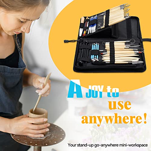 ISSEVE Pottery Clay Sculpting Tools 43Pcs Double Sided Ceramic Clay Carving Tool Set with Upgrade Stand-Up Design Carrying Case for Beginners Professionals School Student Pottery Modeling Smoothing - color: Black Upgrade Stand-up Bag