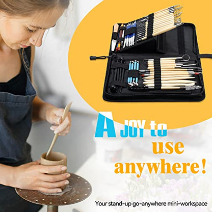 ISSEVE Pottery Clay Sculpting Tools 43Pcs Double Sided Ceramic Clay Carving Tool Set with Upgrade Stand-Up Design Carrying Case for Beginners Professionals School Student Pottery Modeling Smoothing - color: Black Upgrade Stand-up Bag