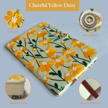 Daisy Gift, Flower Journal, Embroidered Notebook, Beautiful Journals for Women, Notebook 8"x6", Hardcover, Lay Flat, A5 Sketchbook, Unlined Notebook, Writing Journal, Yellow Daisy - color: A5-Button-Yellow, style: Minimalist