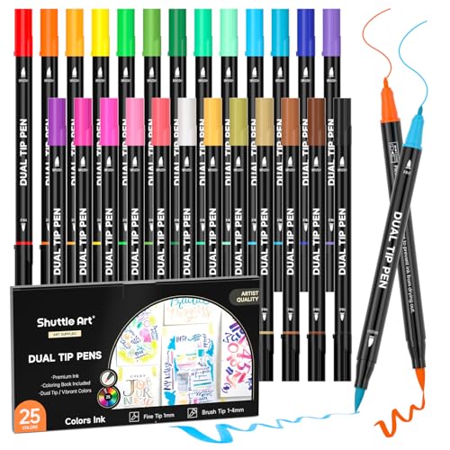 Shuttle Art Dual Tip Brush Marker Pens, 25 Colors Water-based Ink, Fine and Brush Tip Marker Set with 1 Coloring Book for Kids Adult Artist Calligraphy Hand Lettering Journal Doodling Writing - color: 25 Colors with 1 Coloring Book