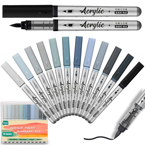 Grey Acrylic Paint Markers Pens 12 Color Creative Marker Set with Soft Brush Tip Blendable, Water-Based Formula for Paper, Wood, Ceramic, Glass, Rock, Canvas, Metal, Ideal for DIY Crafts - color: Grey