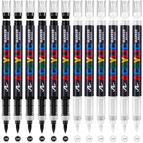 12 Pack Acrylic Paint Pens Set - Black Acrylic Paint Markers, White Acrylic Paint Pen Markers, Brush Tip for Stone,Paper,Wood,Glass,Fabric Paint,DIY Crafts (6Black+6White) - color: 6Black+6White