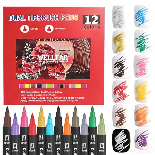 Dual Tip Markers for Adult Coloring Books No Bleeding – Gel Acrylic Paint (Fine & Brush) Pen for Drawing, Rock Painting, Journaling, Art Marker Pencil Set for Teens Calligraphy, Drawing,12 Colors - color: 12 Colors