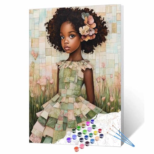 Tucocoo Black Girl Paint by Numbers Kits for Adults, Abstract Flowers Field Paint by Number for Beginner, DIY Acrylic Watercolor Painting Kits on Canvas for Home Wall Decor 16x20 Inch (DIY Frame) - color: Artwork-14, size: 16''x20''(DIY Frame)