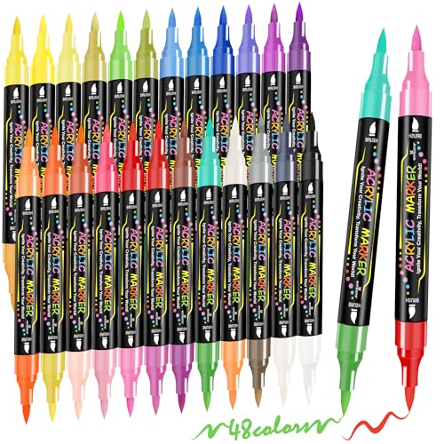 WINSONS 48 Colors Dual Tip Acrylic Paint Pens Markers, 24 Set Permanent Acrylic Paint Pens, Waterproof, Quick-Dry, Ideal for Rock Painting, Canvas, Glass, Wood, Ceramic, DIY Crafts & Art Supplies - color: 48 Colors