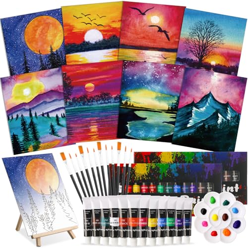 Cholemy 36 Pcs Paint and Sip Kit for Adults 8''x10'' Pre Drawn Canvas for Painting DIY Afro Acrylic Painting Kit Wood Easel Brushes Date Night Bulk for Summer 4th of July Party Gift(Mountain) - style: Mountain