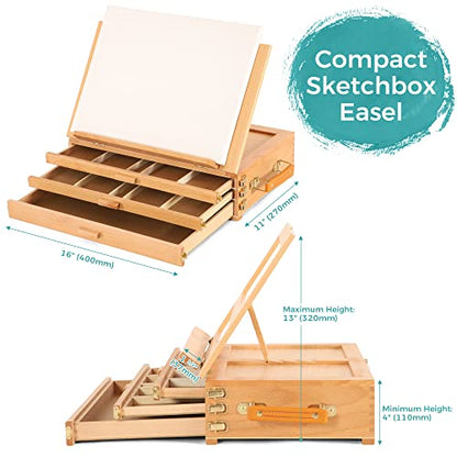 VISWIN Large Tabletop Easel with 3 Storage Drawers, Adjustable Beech Wood Table Top Easel for Painting, Portable Sketch Box for Art Supplies, Desktop Travel Art Easel for Adults, Artists, Students - size: With 3 drawers