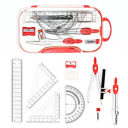 Unjoo Math Geometry Sets 10 Piece Student Supplies with Shatterproof Storage Box,Includes Rulers,Protractor,Compass,Eraser,Pencil Sharpener,Lead Refills,Pencil,for Drafting and Drawings (Red)） - color: Red1