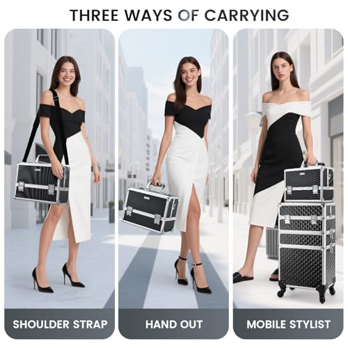 FRENESSA Makeup Train Case Makeup Case 12.6 Inch Large Cosmetic Box Organizer Travel Storage Professional Make Up Train Carrying Case with 6 Trays Locking Shoulder Strap Hard Vanity Storage Black - color: Black