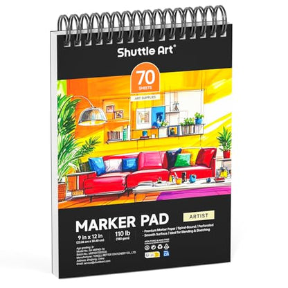 Shuttle Art Marker Pad, 12”x9” Portable Sketchbook, 70 Sheets Marker Drawing Paper, 110LB/180GSM Smooth Surface Bleedproof Art Paper, Spiral-Bound, Great for Artists to Draw, Paint & Sketch - size: 12x9 inch