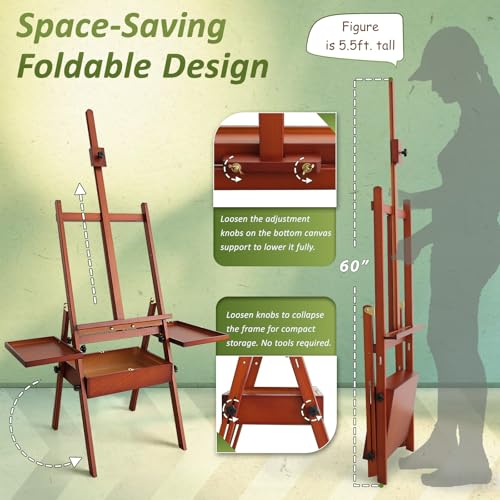 Foldable & Adjustable Art Easel with Storage Drawer Trays, Beech Wooden Easel Stand for Painting,H Frame Artist Easel for Painting Easel for Adults,Wood Easel Stand for Artist Students Studio