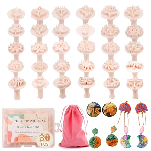 30 Pcs Polymer Clay Stamps and Molds Set with Storage Box, Boho Mandala Floral and Leaf Patterns, Pottery Stamps for Clay Crafts, Cookie Stamps (YANSH PROGLOBAL)