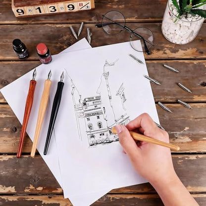 28 Pcs Dip Pen Set Comic Pen Nibs Set Nibs Holders with Comic Calligraphy Wooden Drawing Pen Holder with Stainless Steel Nib for Writing Painting Signing Present