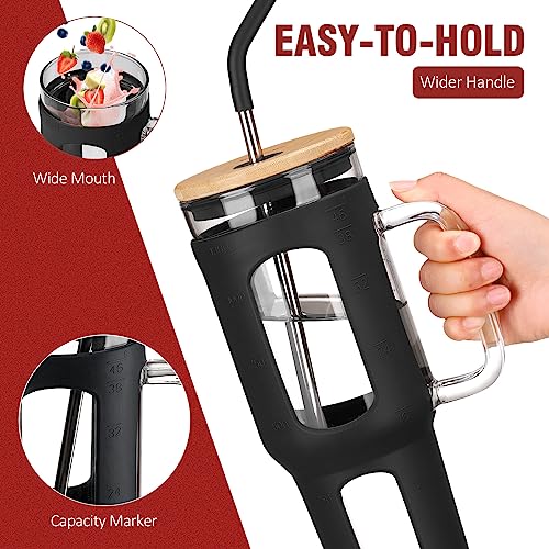 WINSA Glass Tumbler with Lid and Straw, 46 oz Iced Coffee Cup with Handle, Large Water Bottles with Silicone Sleeve, Glass Cup with Straws - Pearl Straw & Drinking Straw BPA Free-Black - color: Black, size: 46 Ounces