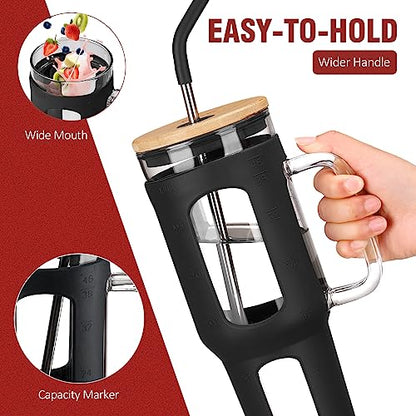 WINSA Glass Tumbler with Lid and Straw, 46 oz Iced Coffee Cup with Handle, Large Water Bottles with Silicone Sleeve, Glass Cup with Straws - Pearl Straw & Drinking Straw BPA Free-Black - color: Black, size: 46 Ounces