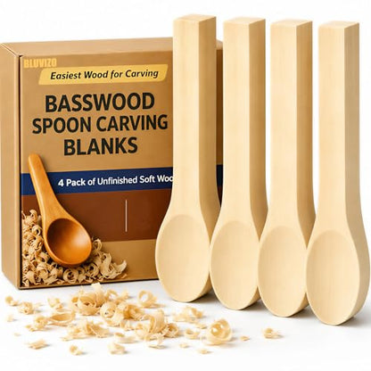 Basswood Spoon Carving Blanks 4-Pack: Unfinished Soft Wood Spoon Kit for Carving, Whittling, Crafting - Wooden Blocks DIY Craft Projects for Beginners & Professional Carvers - color: 4 PCS
