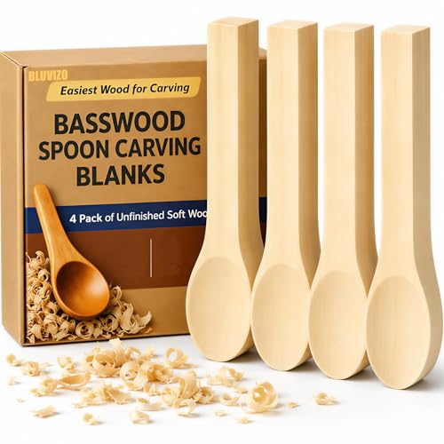 Basswood Spoon Carving Blanks 4-Pack: Unfinished Soft Wood Spoon Kit for Carving, Whittling, Crafting - Wooden Blocks DIY Craft Projects for Beginners & Professional Carvers - color: 4 PCS