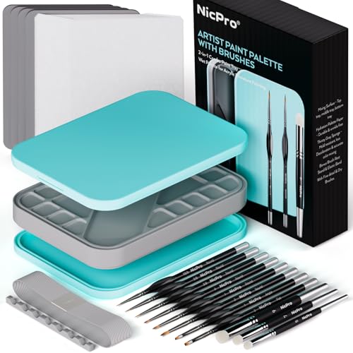 Nicpro Miniature Painting Kit with Wet Palette & 11PCS Detail Paint Brushes Drybrush, 100PCS Wet Pallet Paper, 4PCS Sponge, Brush Holder Mixing Paint Saver Palette for Miniature Model Painting - color: Blue