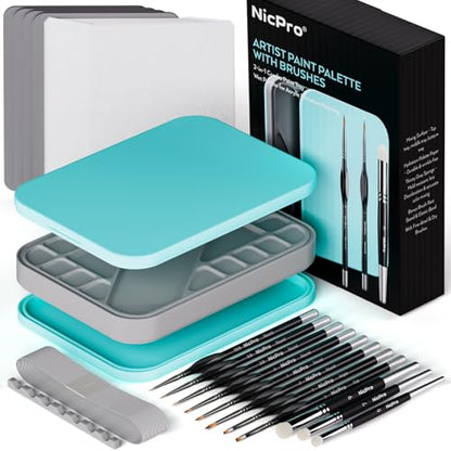 Nicpro Miniature Painting Kit with Wet Palette & 11PCS Detail Paint Brushes Drybrush, 100PCS Wet Pallet Paper, 4PCS Sponge, Brush Holder Mixing Paint Saver Palette for Miniature Model Painting - color: Blue