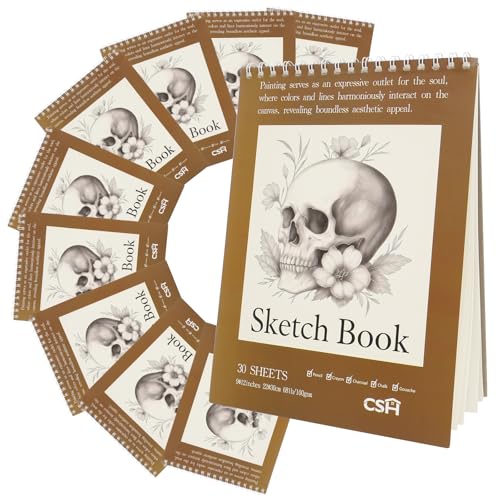 CSH 10 Pack Artist Sketch Book, 30 Sheets, 9x12 Inches, Brown Cover, for Pencil Crayon Charcoal Chalk Gouache, Spiral Bound Drawing Pad