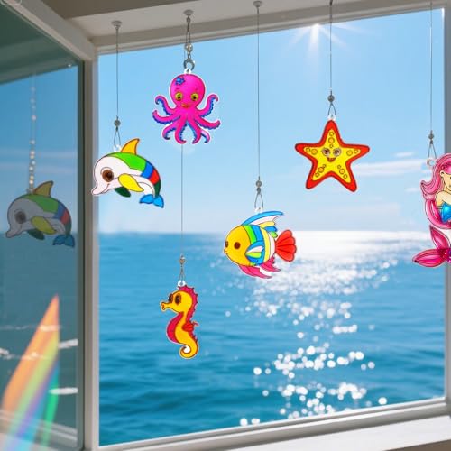 Ayhuhra 30 Sets Ocean Animals Suncatcher Crafts Under The Sea Sun Catchers Kits DIY Summer Window Paint Art for Sea Theme Party Home Decor - style: Ocean