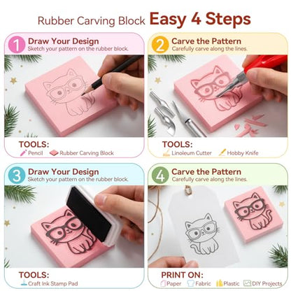WAYCOM 18Pcs Linoleum Blocks for Printmaking: Linocut kit with Tools & Ink - 4x6 Rubber Carving Blocks - Art Craft Supplies for Beginners & Hobbyists - Gifts for Christmas/Birthday/Art Enthusiast - color: Pink-4 Carving Blocks