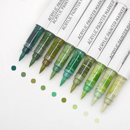 Water Based Acrylic Paint Markers Green, 9 Colors Acrylic Paint Pens Set with Soft Brush Tip, Marker Pen for Rock Painting, Egg, Wood, Glass, Paper, Mugs, Acrylic Painter Ink (Green Series-2) - color: Green Series-2
