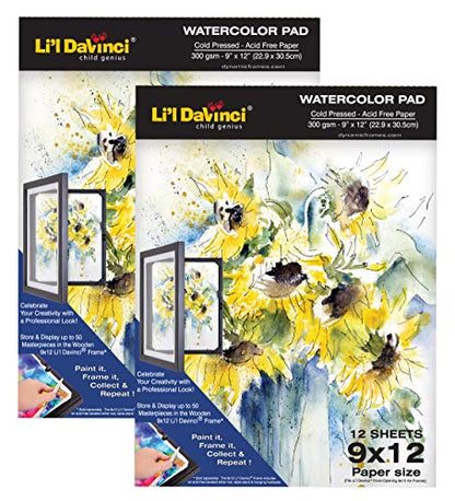 Li'l Davinci 9x12 Watercolor Pad, 12 Sheets, 300gsm Cold Pressed, Acid-Free, Heavyweight Paper, Professional-Grade Paper for Watercolor, Ink, and Mixed Media, Great for Artists of All Ages, 1 Pad