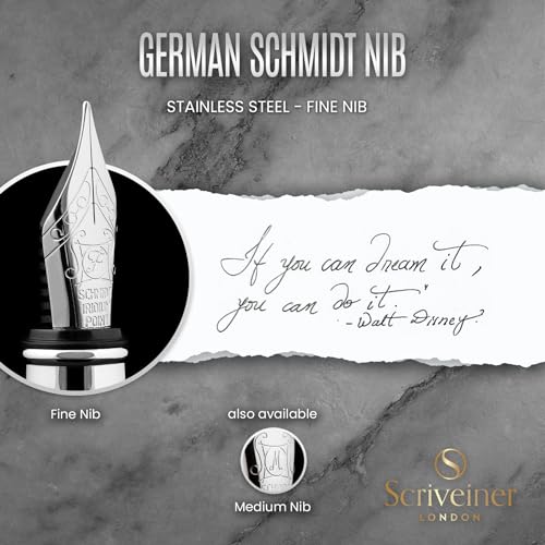 Scriveiner Stainless Steel Fountain Pen - Stunning Luxury Pen with Steel Finish, Schmidt Steel Nib (Fine), Best Pen Gift Set for Men & Women, Professional, Executive Office, Nice Designer Pens - color: 13. Stainless Steel with Chrome, style: Fine Nib
