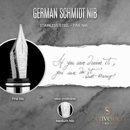 Scriveiner Stainless Steel Fountain Pen - Stunning Luxury Pen with Steel Finish, Schmidt Steel Nib (Fine), Best Pen Gift Set for Men & Women, Professional, Executive Office, Nice Designer Pens - color: 13. Stainless Steel with Chrome, style: Fine Nib