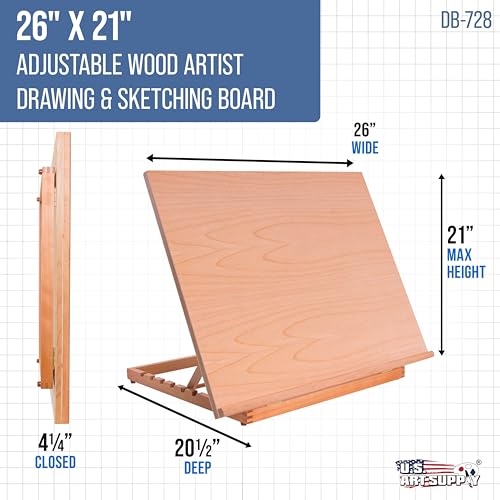 U.S. Art Supply X-Large 26" x 21" Wooden Drawing Board, Adjustable Table Top Easel for Painting and Drawing - Drafting Board with T-Square, Pencil Ledge